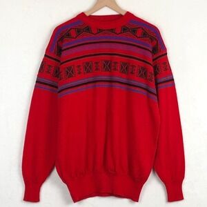 VTG MEISTER Wool Blend Geometric Sweater Men's Sz L Red Black Crew Neck Grandpa